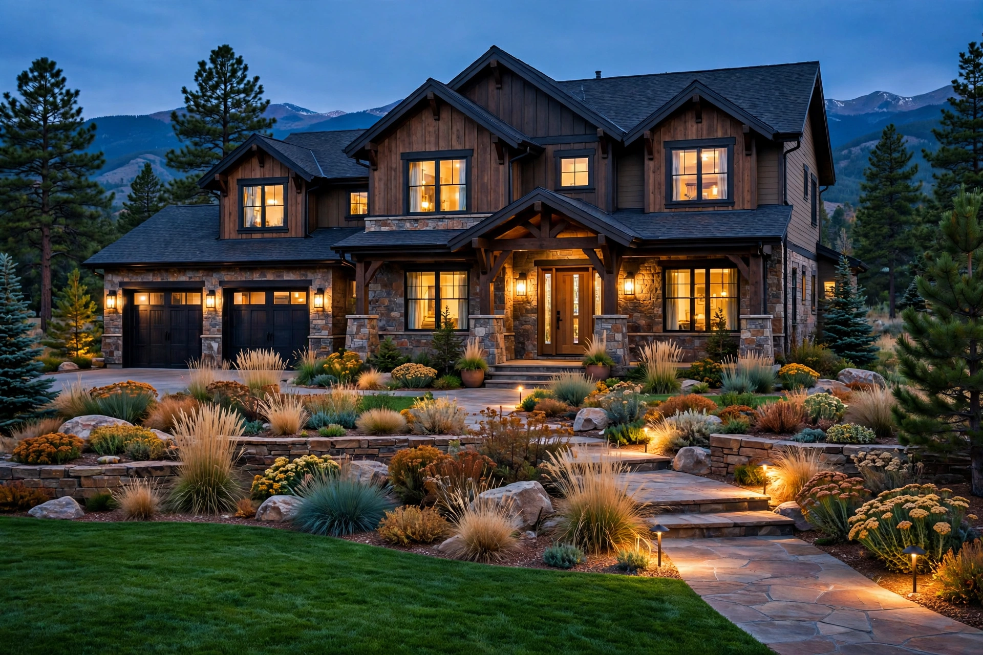 Elegant Colorado home at dusk with manicured landscaping and warm landscape lighting